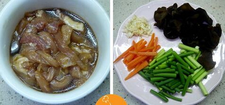 蒜苔木耳炒肉的做法步骤1-2