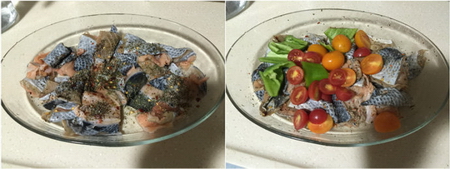 圣女果烤三文鱼皮的做法步骤1-2
