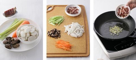 腊肉蔬菜炒年糕的做法步骤1-2