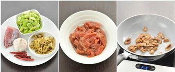 榨菜肉片炒蚕豆步骤1-3