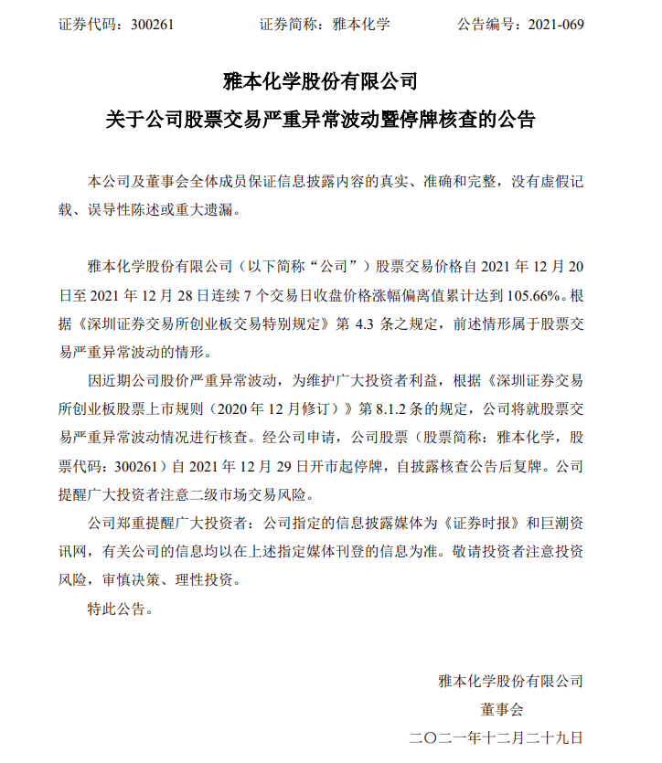 7个交易日上涨160%,收出4个20CM涨停,“妖股”雅本化学停牌核查1
