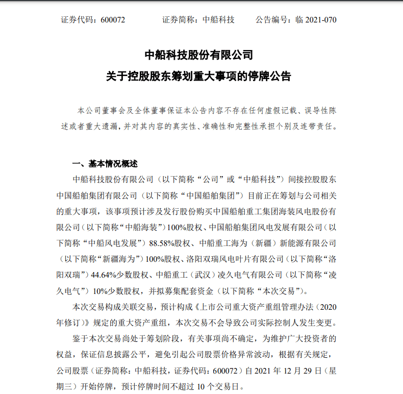 股东拟收购多家公司，中船科技发布停牌公告，预计不超10个交易日1