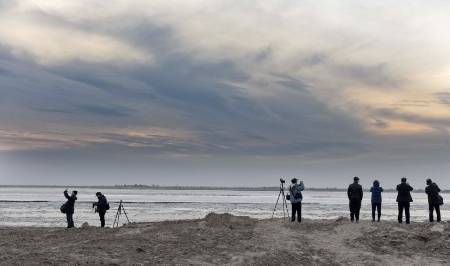 原创 寒潮来袭黄河永济段大面积流凌，场面十分壮观，小朋友用脚试冰8