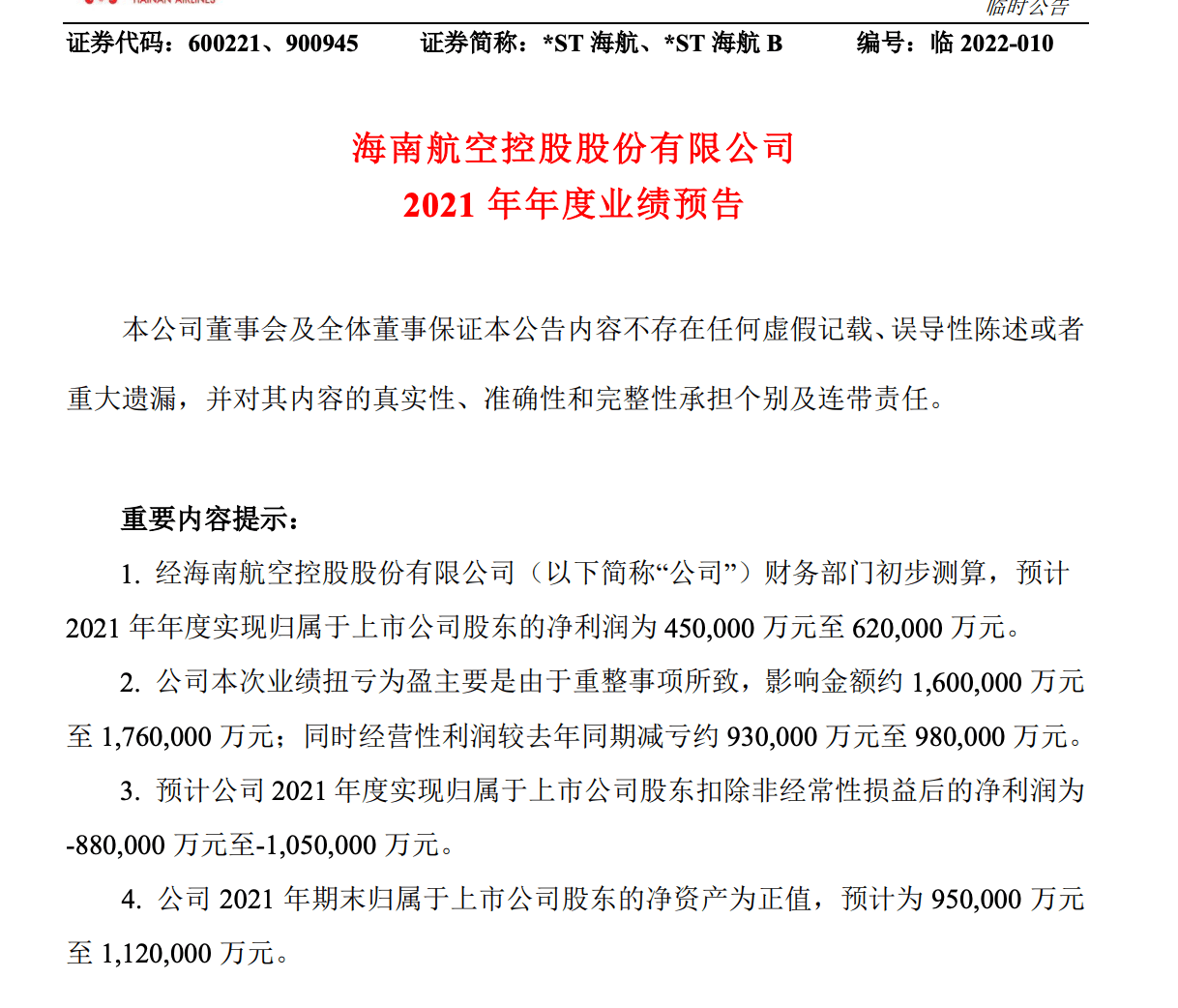 *ST海航破产重生,预计2021净利扭亏为盈,方大入主1月后堆现金墙1