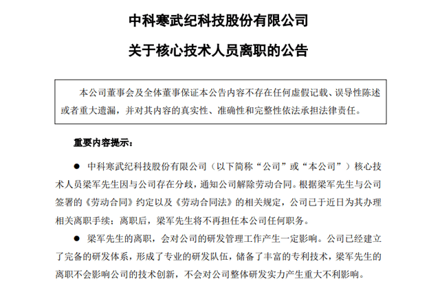 股市复苏但寒武纪寒意十足，CTO梁军离职，公司盈利能力遭拷问2
