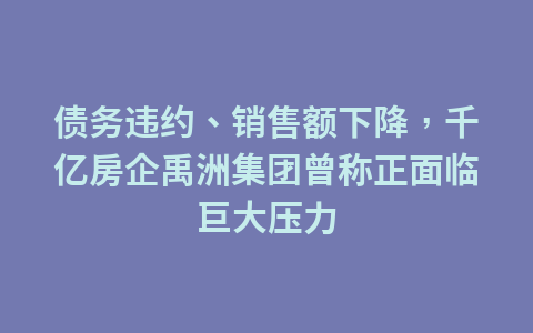 债务违约、销售额下降,千亿房企禹洲集团曾称正面临巨大压力1